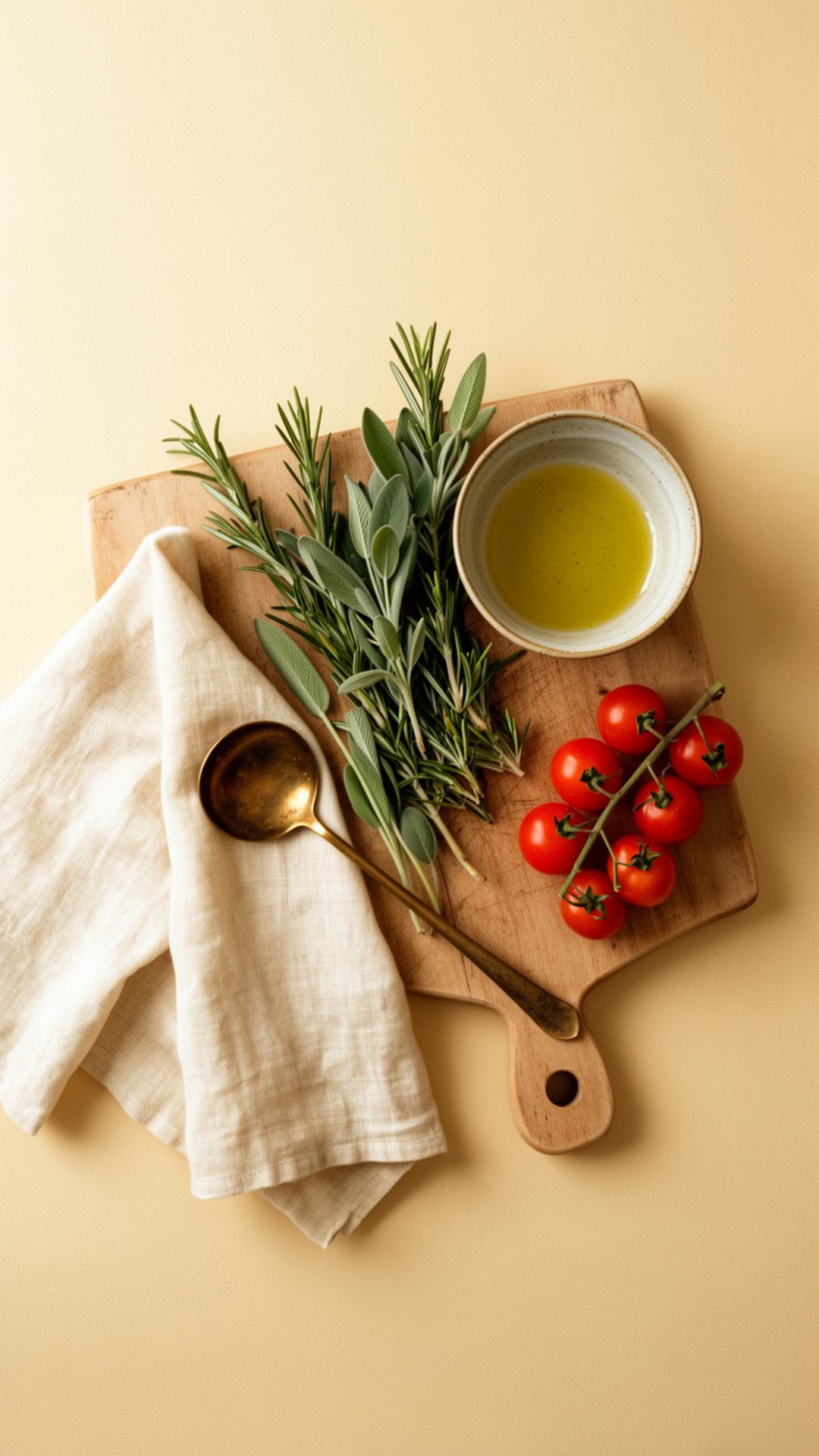 A wooden cutting board with rosemary, sage, olive oil, and tomatoes on warm linen