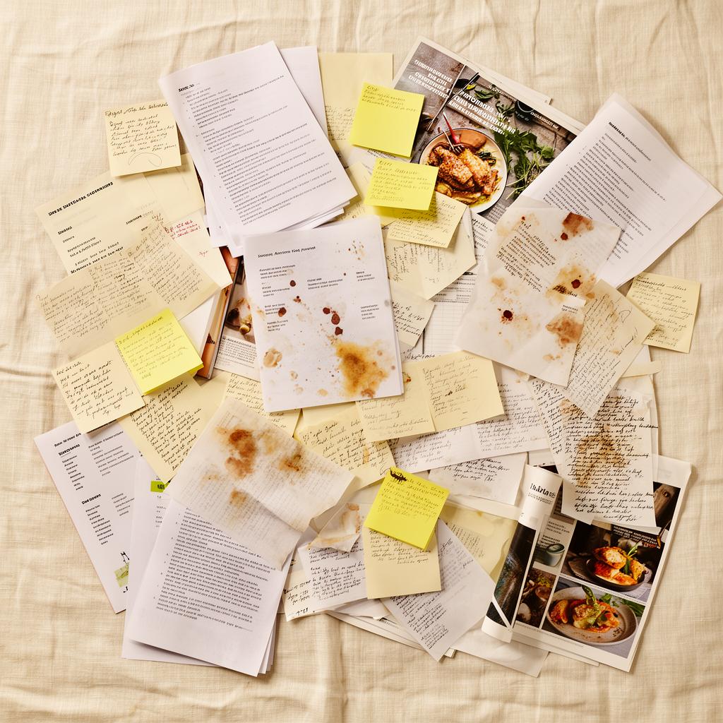 Scattered recipe papers and notes